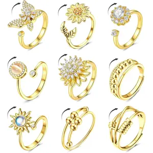 14K Gold Plated Fidget Ring for Women Adjustable Anxiety Rings Open CZ Butterfly Sunflower Bead Spinner Rings for Anxiety Stress Relieffidget toys