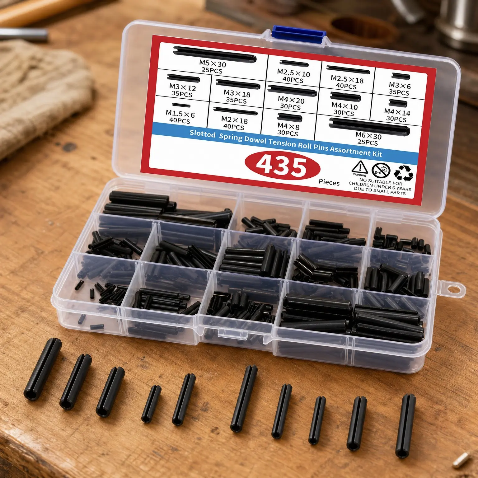 435Pcs Roll Pin Assortment Kit - M1.5 to M6 Sizes (13 Types) | Slotted Tension Pins, Split Dowels & Expansion Spring Pins - Durable Spring Steel for Secure FasteningGift