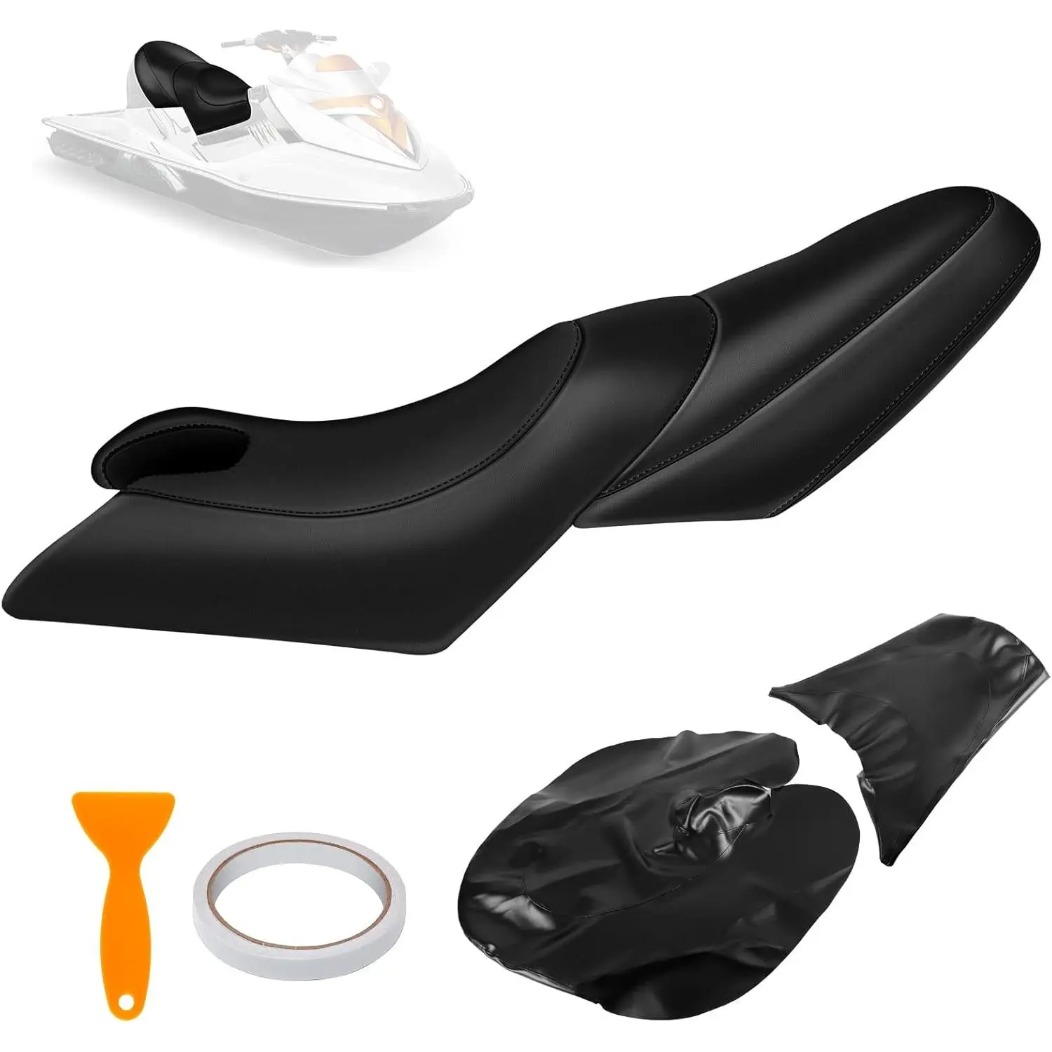 High-Elasticity Black PU Leather Seat Cover Replacement with Skin, Elastic Fit, Pre-Sown Design, Staple Remover & Installation Accessories for Sea-Doo 2002-2009 GTX Series (4-Tec, SC, LTD, DI), RXT, RXT-X 215/255, Wake 155/215