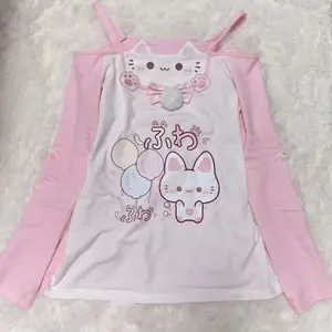Sweet Japanese T-shirts Women's Clothing Pink Butterfly Patchwork Lace Slash Neck Tees Anime Print Off Shoulder Cute Y2k Tops