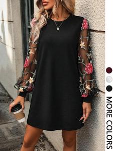 women's floral embroidery longsleeves bishop sleeve dress, elegant chic long sleeve round neck short dress for party holiday wedding guest, ladies clothes for all seasons, women's clothing, floral formal womenswear, elegant dresses
