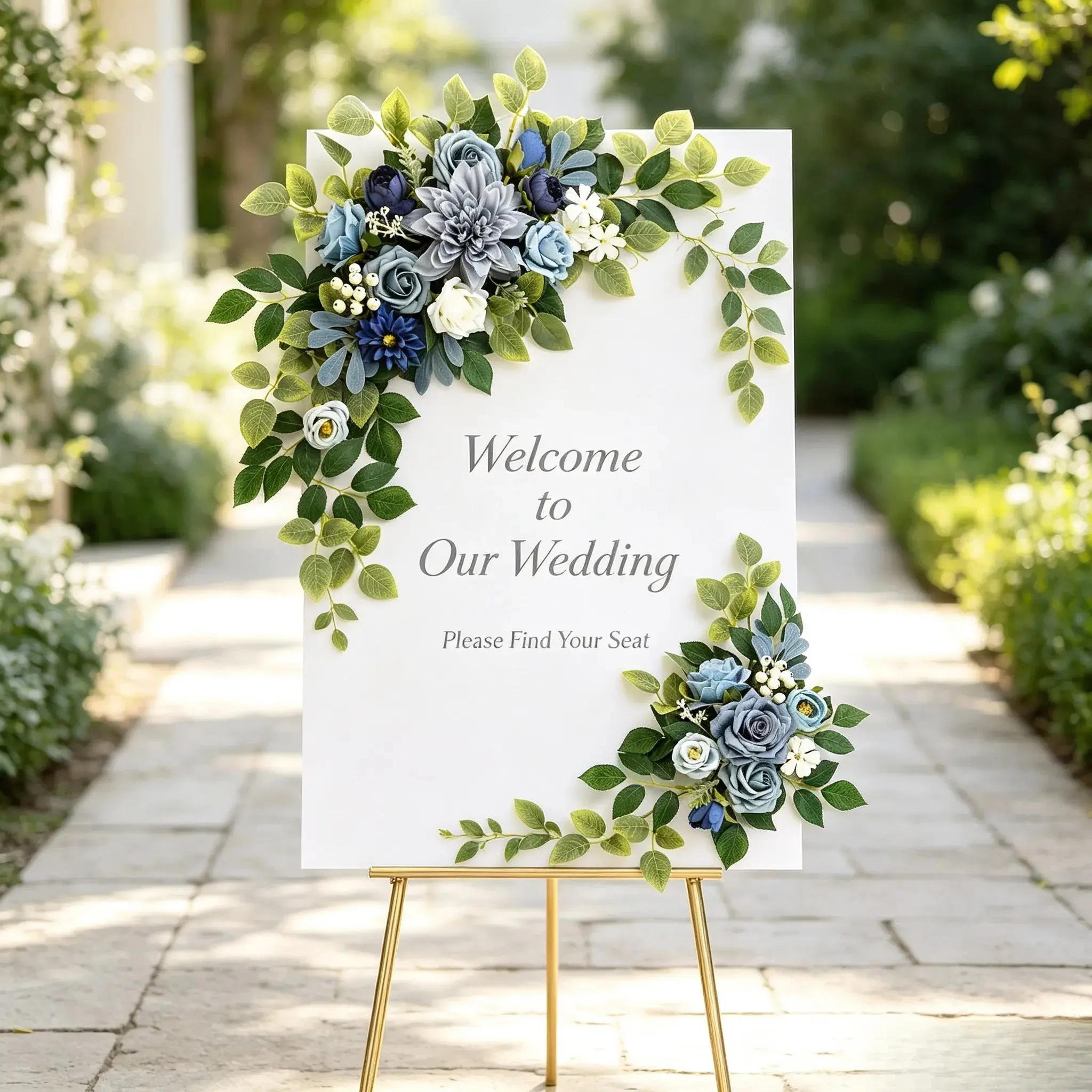 Vintage gray blue color imitation floral belt set, large and small navy blue rose dahlias mixed with green plant floral belt, rural style floral decoration, suitable for wedding welcome signs, ceremony entrances, and studio backgrounds