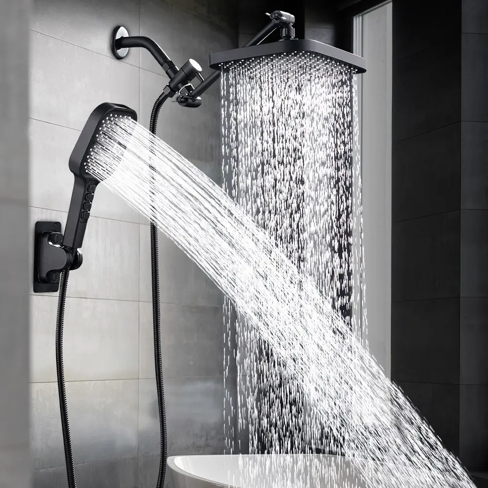 Square Shower Head Set, High-Pressure Shower Spray, 11-Inch Extendable Arm, Faucet Divider, 4-Button Handheld Shower, Home & Hotel Use, Shower Extension Arm