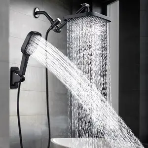 Square Shower Head Set, High-Pressure Shower Spray, 11-Inch Extendable Arm, Faucet Divider, 4-Button Handheld Shower, Home & Hotel Use, Shower Extension Arm