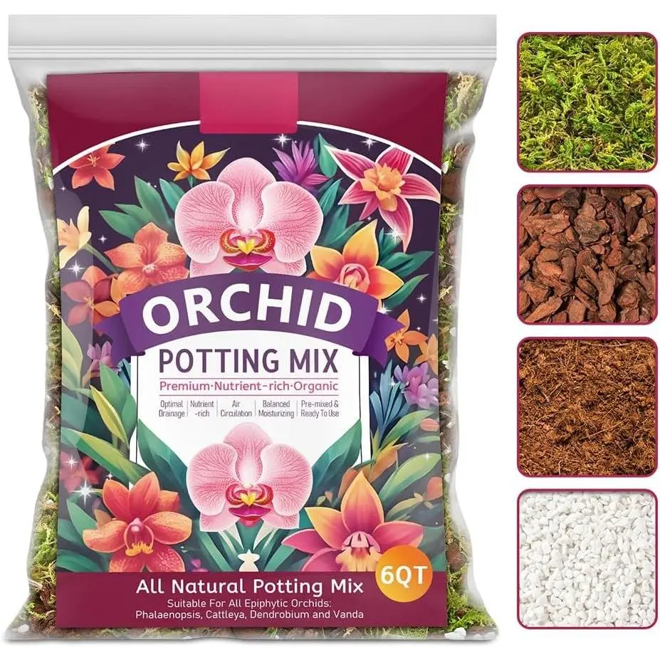 1QT Orchid Potting Mix for Repotting, Pre- & -to-Use | Drainage & Airflow,  , 4-in-1 Orchid Potting Soil with Pine Bark, Perlite, Coco Peat & Moss for Indoor
