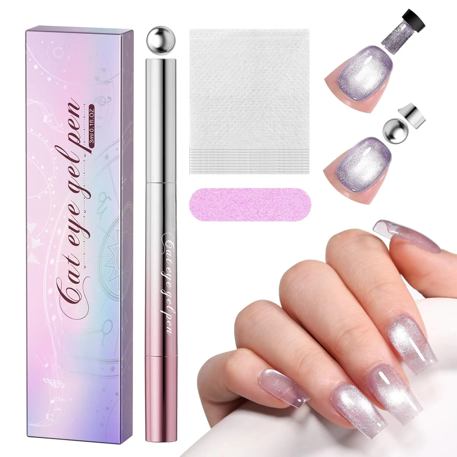One-Step Cat Eye Gel Nail Pen, 7-in-1 Magnetic Polish with Detachable Magnet (Snaps onto Tip), No Base/Top Needed, Twist Precision & Vitamin E Formula, Salon Cat Eye at Home (Lavender Glitz)