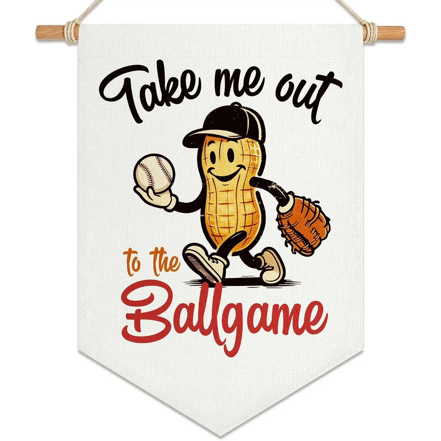Take Me Out to the Ballgame Wooden Door & Wall Hangable Baseball Pennant Banner, 12x16in Lightweight Durable Fade-Resistant Canvas, Fun Peanut Design for Playroom Party Home Decor, Linen