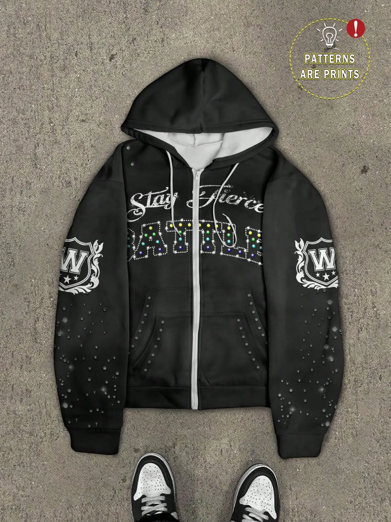 Men's Zip-Up Hoodie with Rhinestone Letter Print, Vintage Shield Badge Open Front Jacket, Y2K Bling Polka Dot Streetwear, Western Script Loose Knit, Casual Streetwear Hoodie