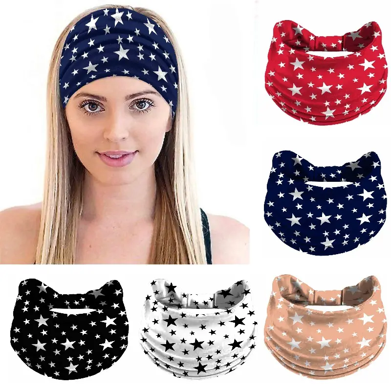 Bright Star Printed Ladies Headband, Sweat Absorbing Sports Headband, Vintage, Stretch, Non-Slip, Wide, Yoga Workout Running Headscarf Hair Accessories