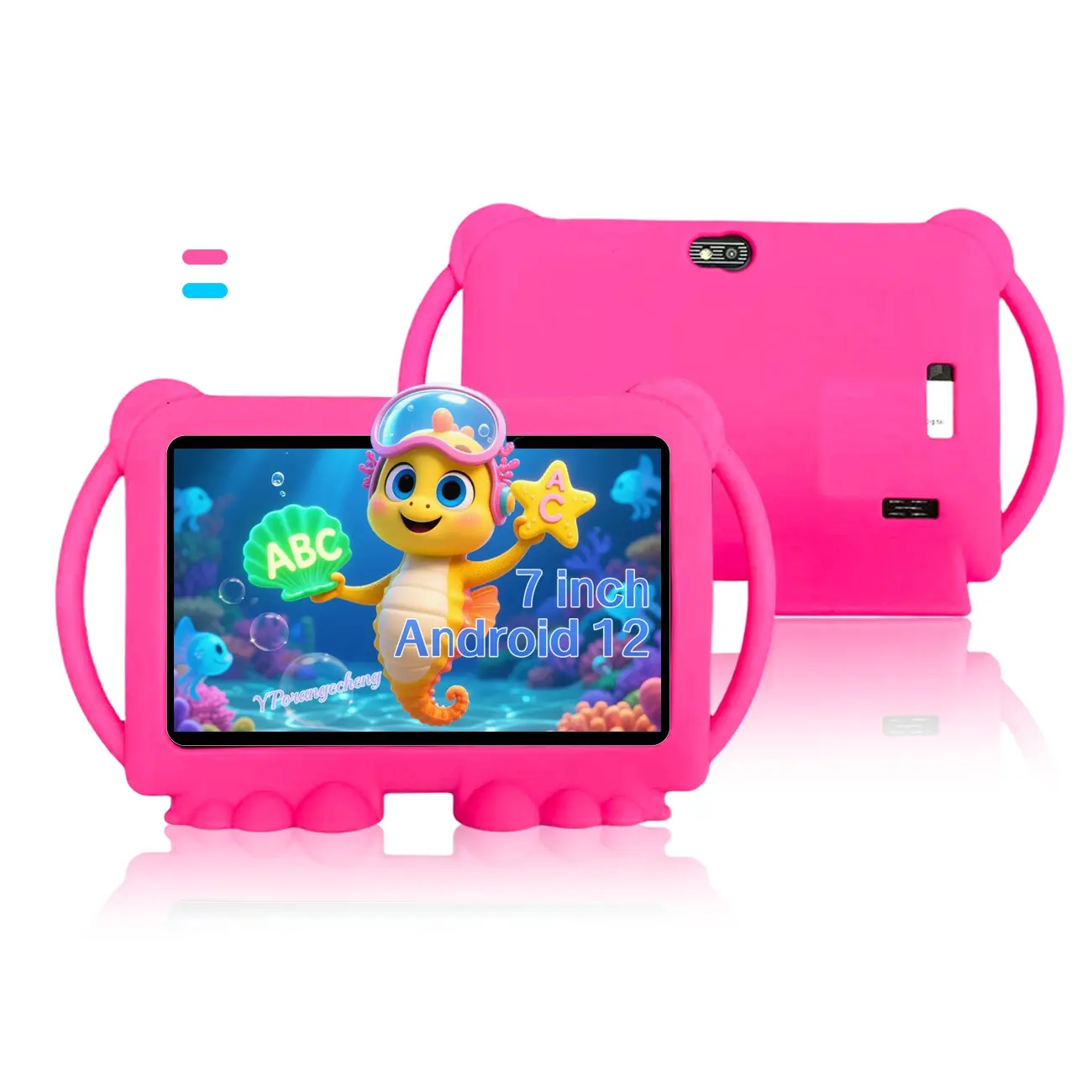 Kids learning tablet 7-inch Android 12, parental safe web filter, lots of educational games, shockproof case & dual cameras, Google Play ready, screen time manager, blue/pink, great holiday item. USB data cable free，Power adapter not included.