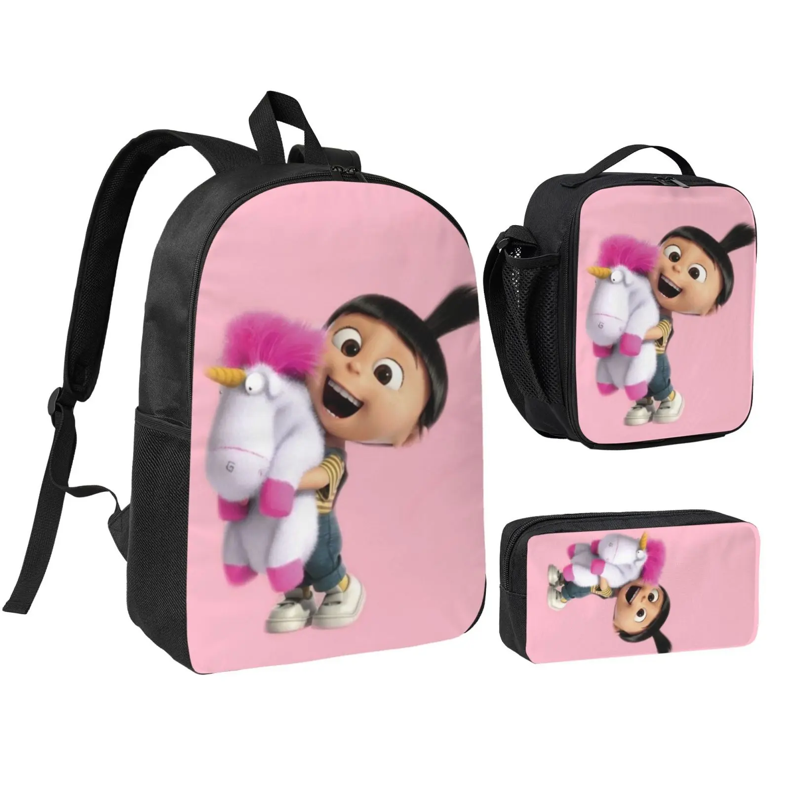 Anime Despicable Me Polyester Waterproof Cute Print 3-Piece Unicorn Backpack Set for Teen Girls - Includes Lunch Bag, Pencil Box, Adjustable Straps for School/Travel