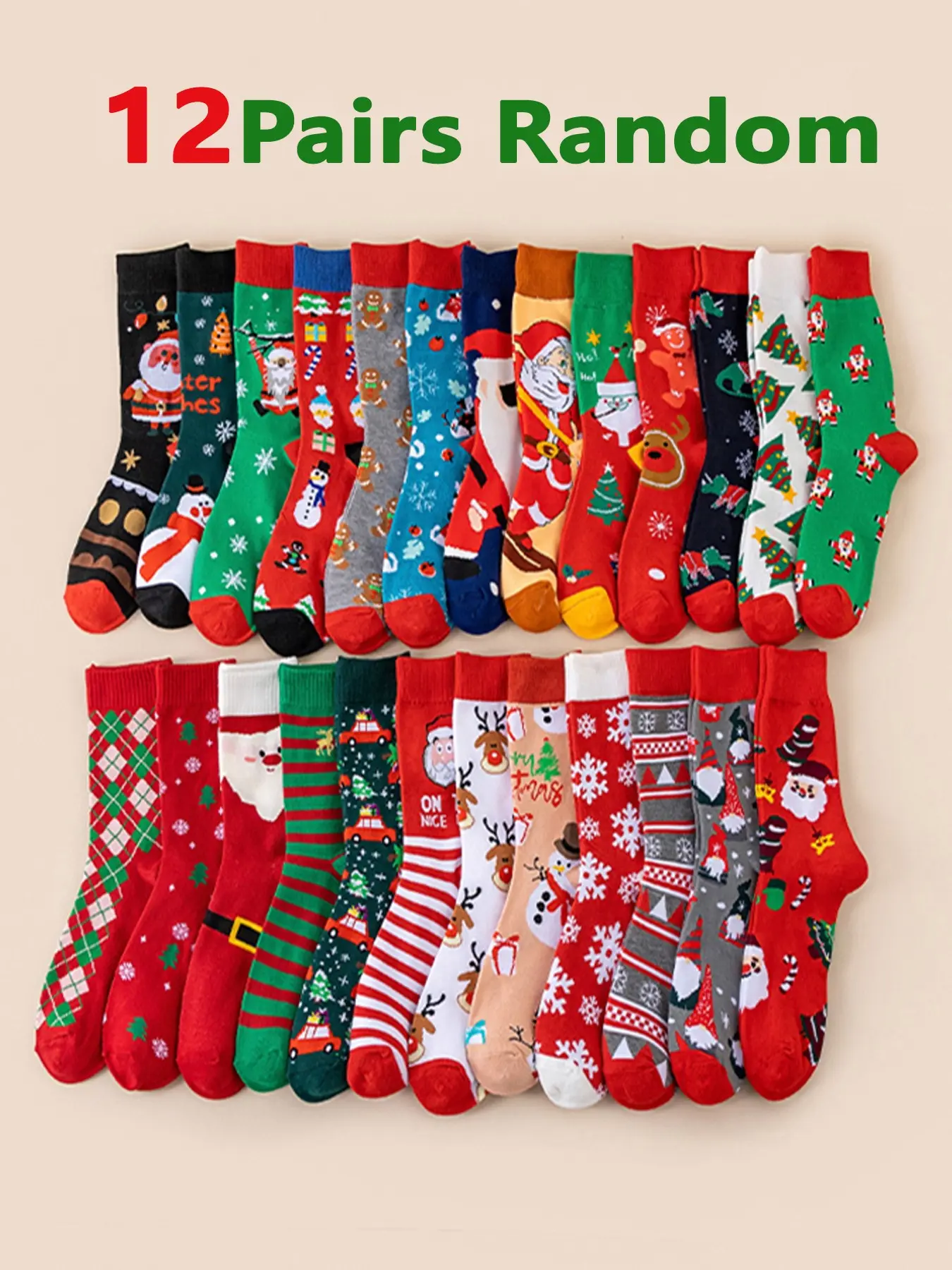 Random 12 Pairs/20 Pairs Cute Christmas Socks, Unisex Mid-Calf, Fall Winter Warm, Santa Snowman Tree Gingerbread, Best Holiday Gift