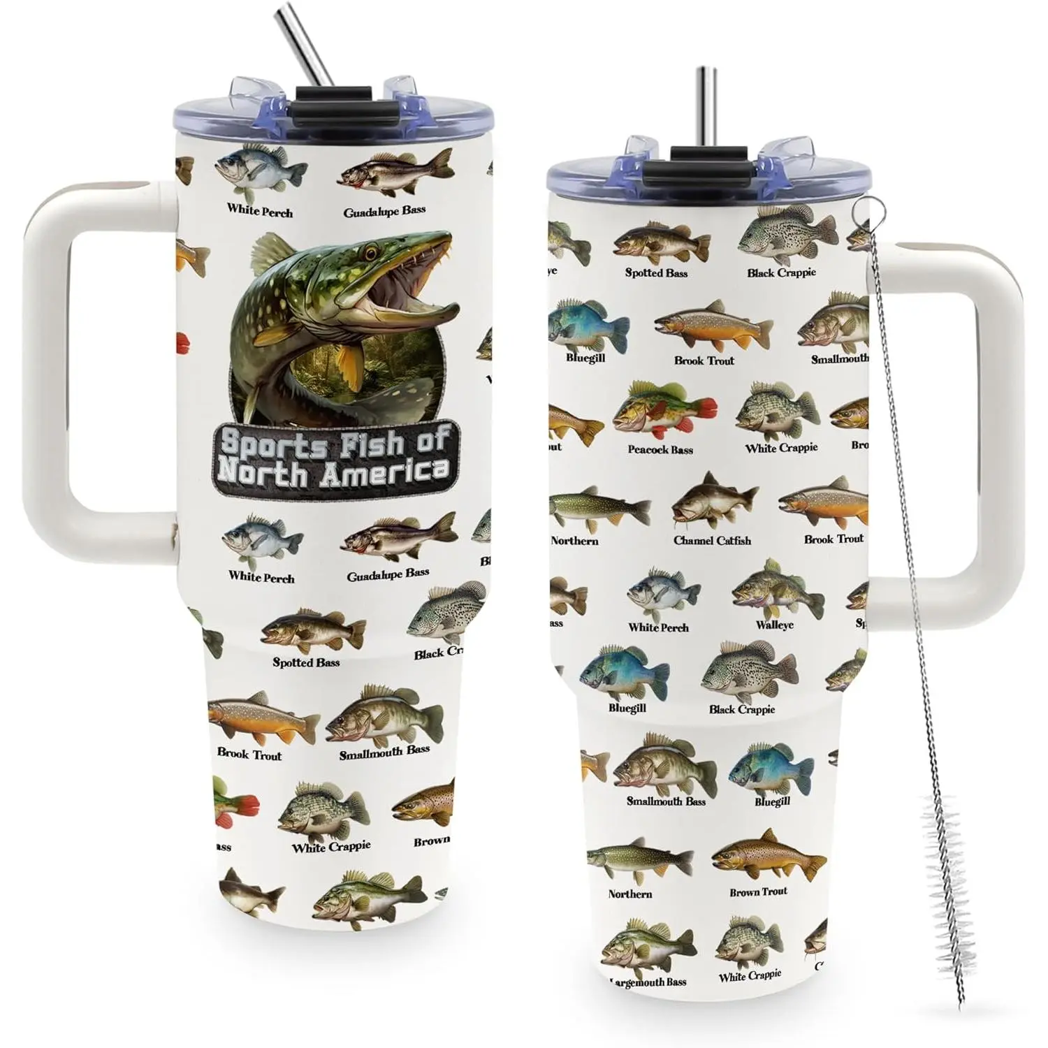 Fishing Coffee Mug, Fish Gifts for Dad, 40oz Tumbler, Fishing Gifts for Men with Handle and Straw, Christmas, Thanksgiving, Birthday Gifts for Fisherman, Party Supplies, Stainless Steel Cup