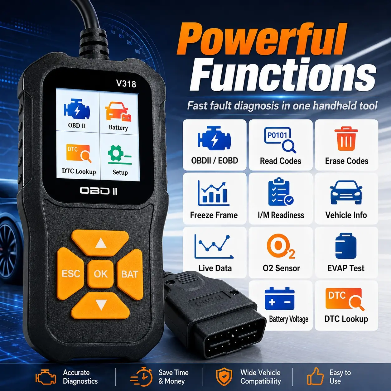 V318 OBDII Car Diagnostic Scanner, Engine Fault Code Reader with Battery Voltage Test, I/M Readiness, Freeze Frame, DTC Lookup