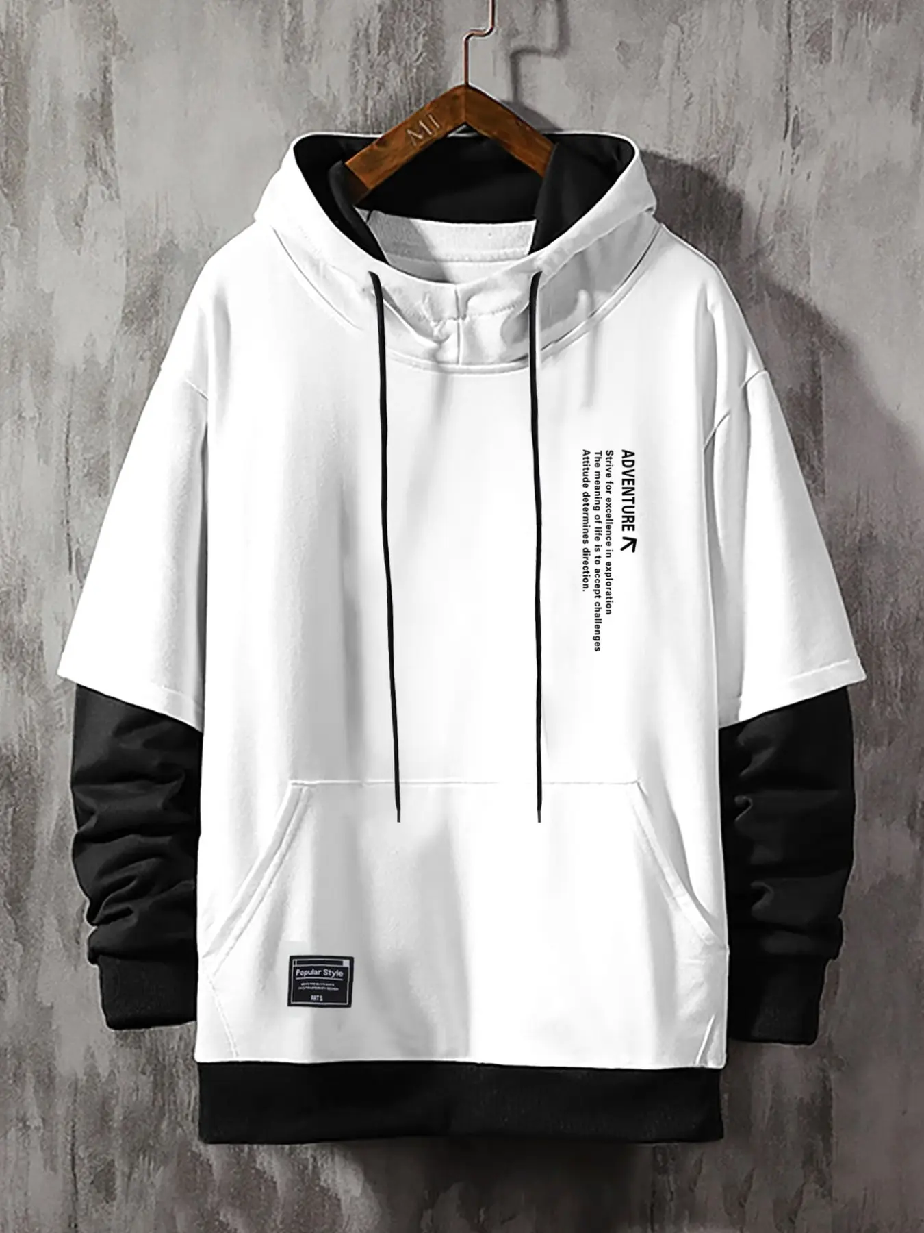 Men's Fake Two-Piece Fleece Hooded Sweatshirt, Letter Print Long Sleeve Casual Daily Wear, Loose-Fitting Graphic Hoodie