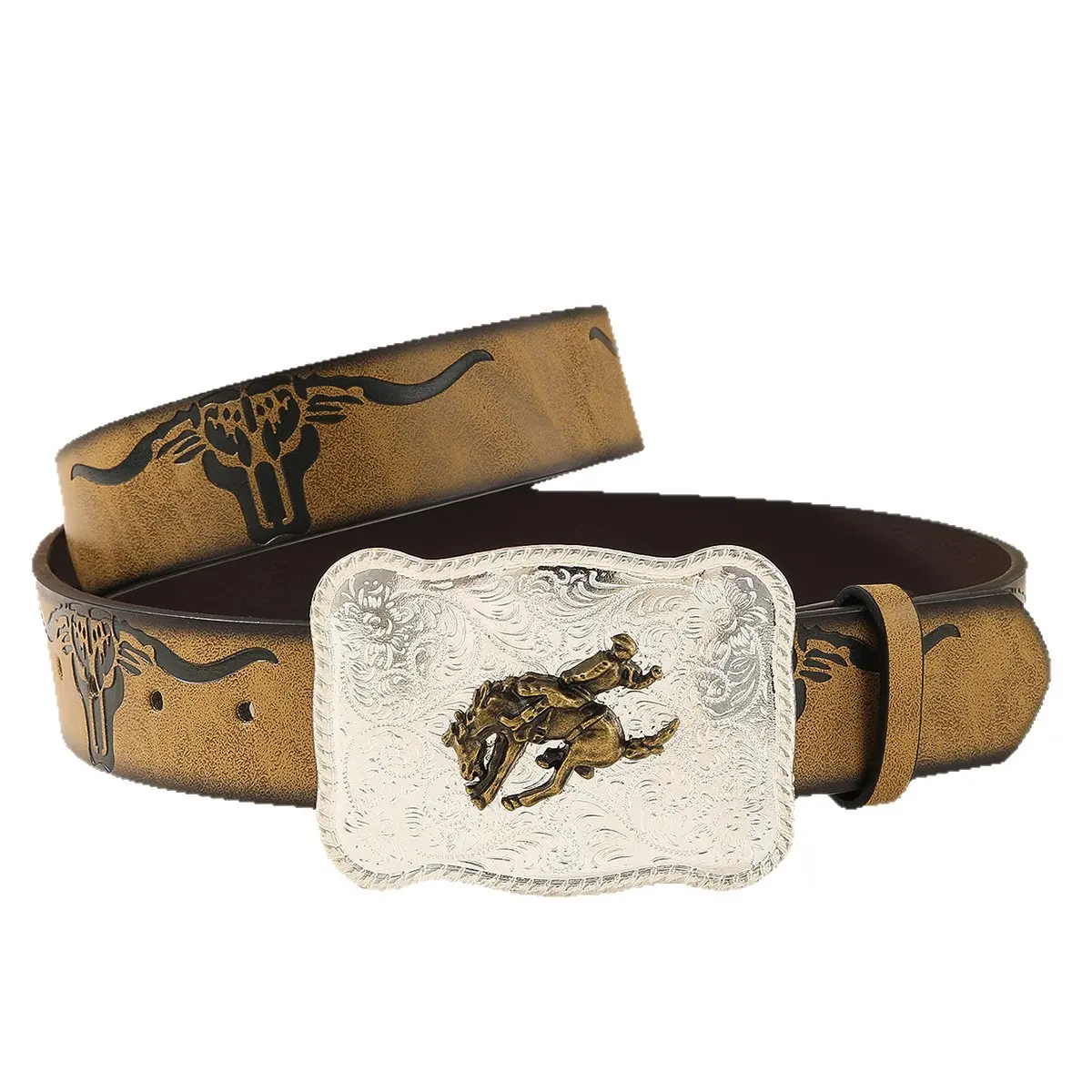 Western Cowboy Heavy Duty Belt with Barrel Racing Horse Buckle, Bull Head Emboss, Soft Adjustable Strap, Western Cowboy Belt, Belts, Western Stuff