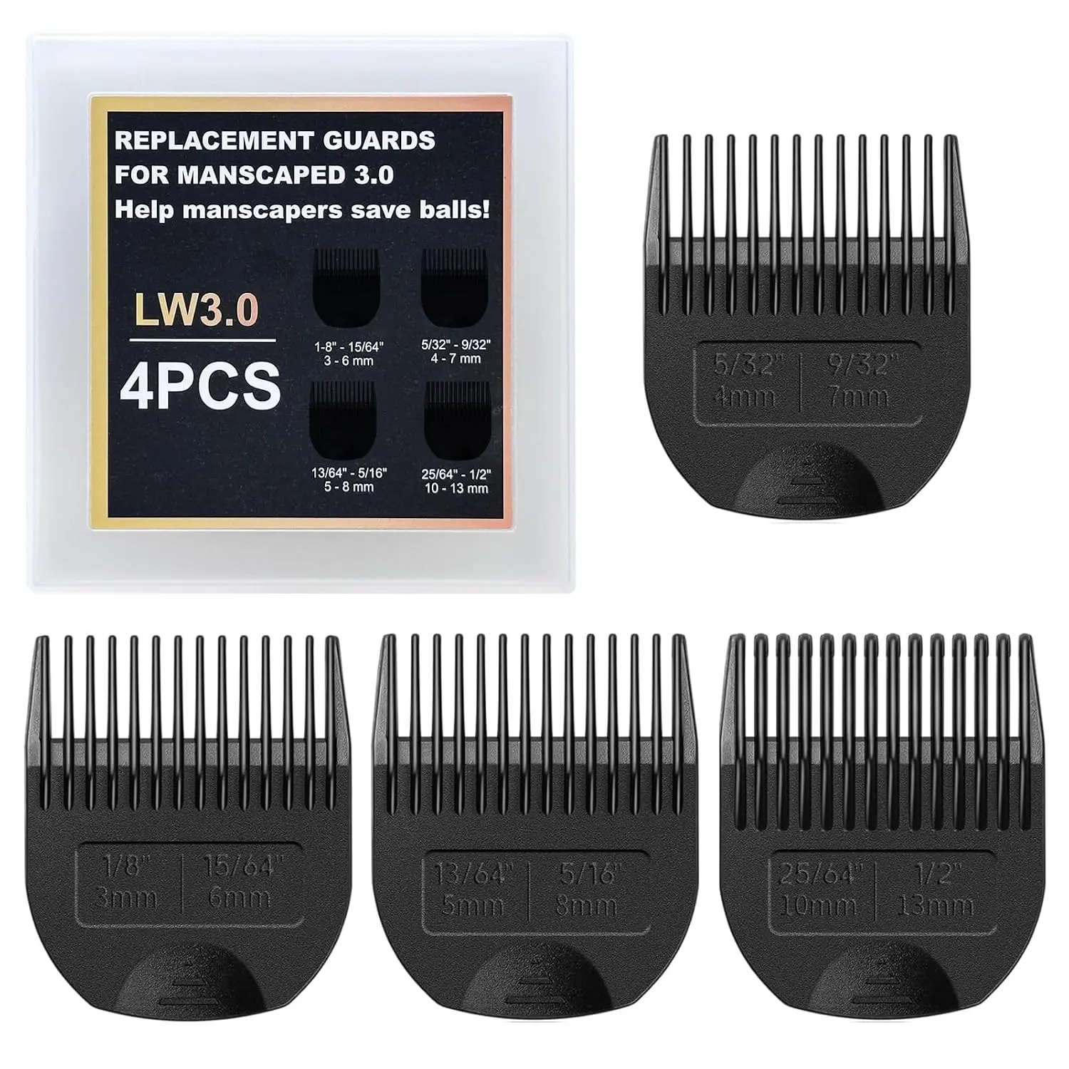 4 Pack Professional Guards for  Lawn Mower 3.0-  Fit The Lawn Mower 3.0 Groin Hair Trimmer with Organizer,Adjustable Lawnmower 3.0 Trimmer Guards, Lengths from 1/8" to 1/2"