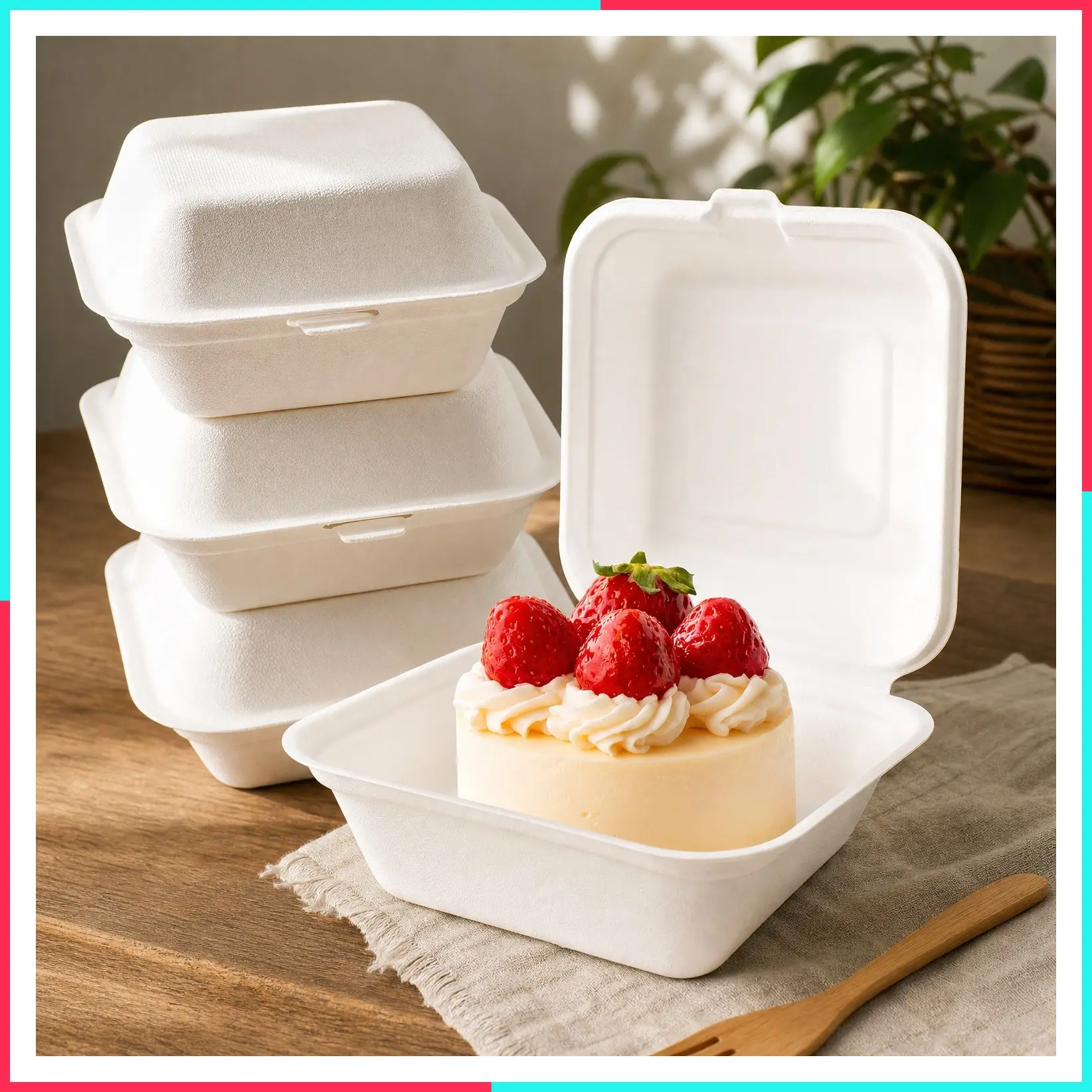 6x6 Inch Compostable White Square Clamshell Take-Out Food Containers To Go
