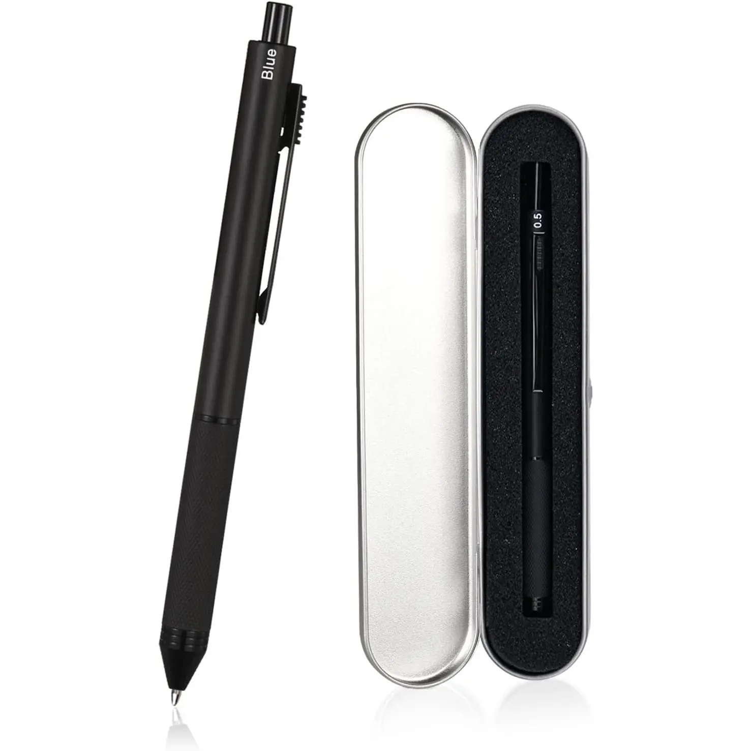 4 in1 Multi-Function Refillable & Retractable Ballpoint Pen + 0.5mm Mechanical Pencil, Fine Point, Black Metal Barrel, Black/Red/Blue Inks, Multicolor Pen With Metal  Box