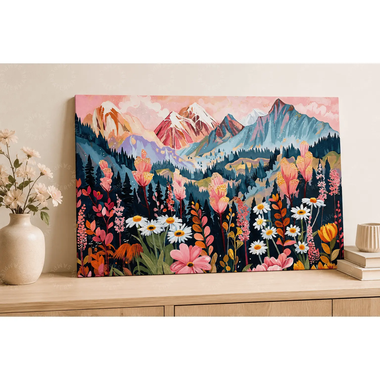 Colorful Mountain Wildflower Wall Art, Pink Sunset Alpine Landscape Aesthetic Poster, Botanical Meadow Canvas Print, Living Room Decor, Bedroom Wall Art, Office Decor, Nature Lover Gift