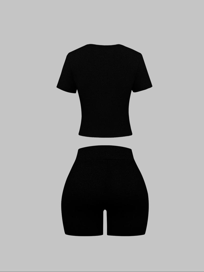 Women's Solid Short Sleeve Tee & Letter Patched Skinny Shorts Set, Casual Two-piece Set for Daily Wear, Ladies Clothes for All Seasons