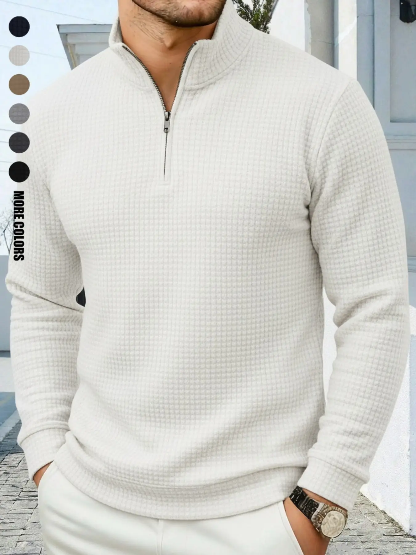 Men's Autumn/Winter Everyday Wear, Vacation, Beach, Waffle Knit Half-Zip Stand Collar Long-Sleeve Sweatshirt. Suitable for lounging at home, working, outdoor, and urban settings. Loose fit, youthful, minimalist, campus, retro, versatile, Menswear
