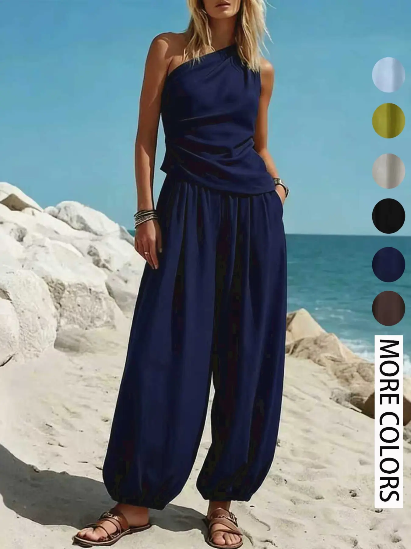 Summer New European and American Cross-Border Casual Chic Simple Style Solid Color Sleeveless Tank Top and High-Waisted Long Pants with Pockets Set for Women