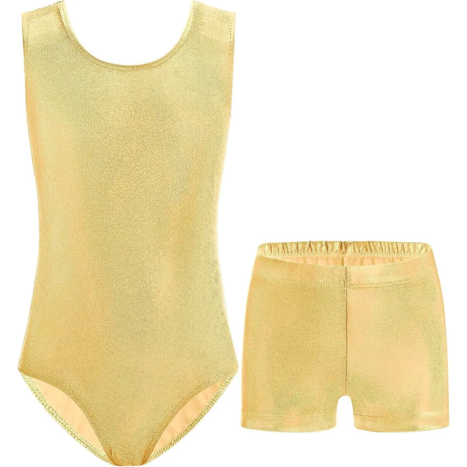 Girls Gymnastics Leotards 2 Piece Shiny Sleeveless Bodysuits with Sparkly Breathable Shorts Suit