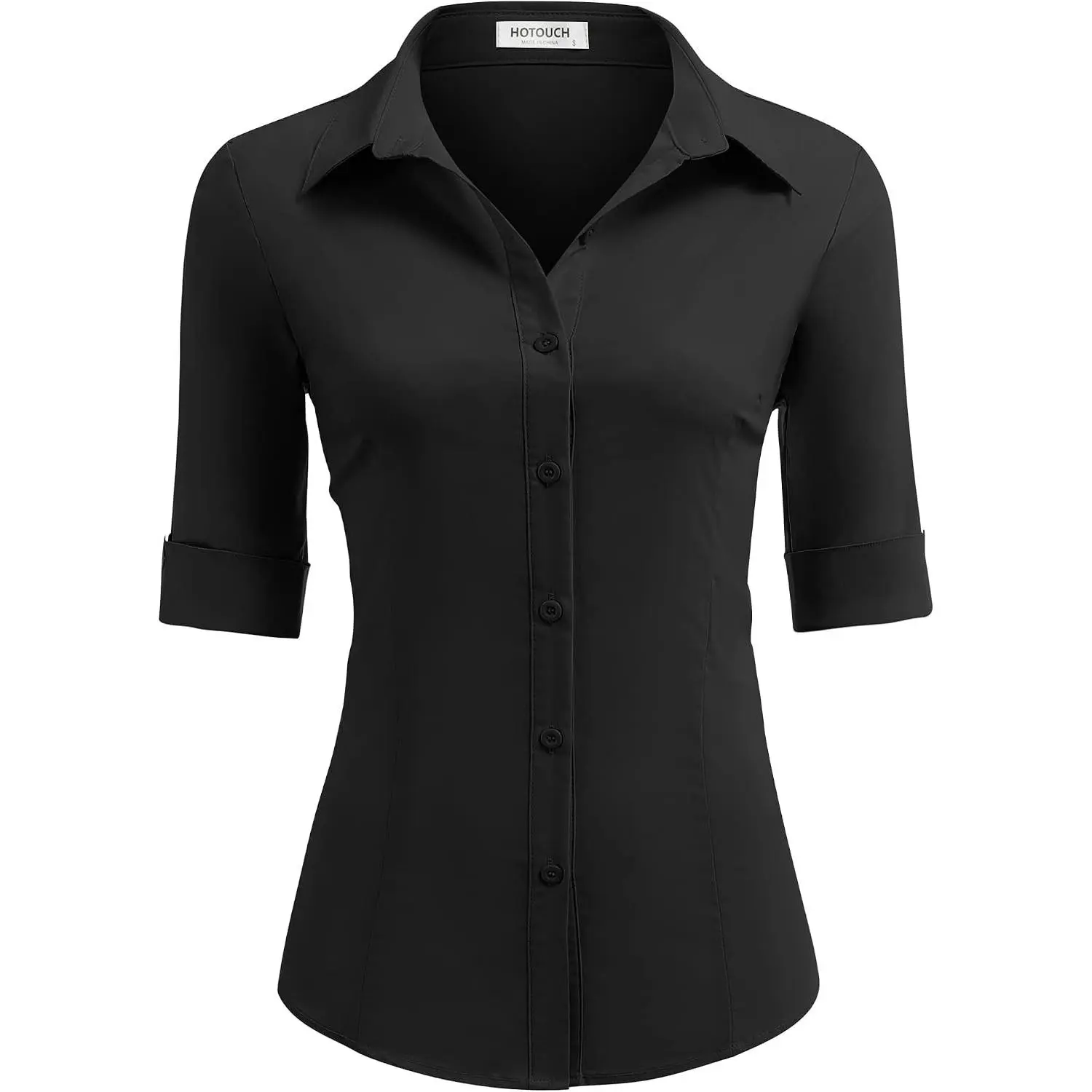 Women's Basic Button Down Shirts 3/4 Sleeve Stretch Button Up Dress Shirt Slim Fit Waitress Work Shirts