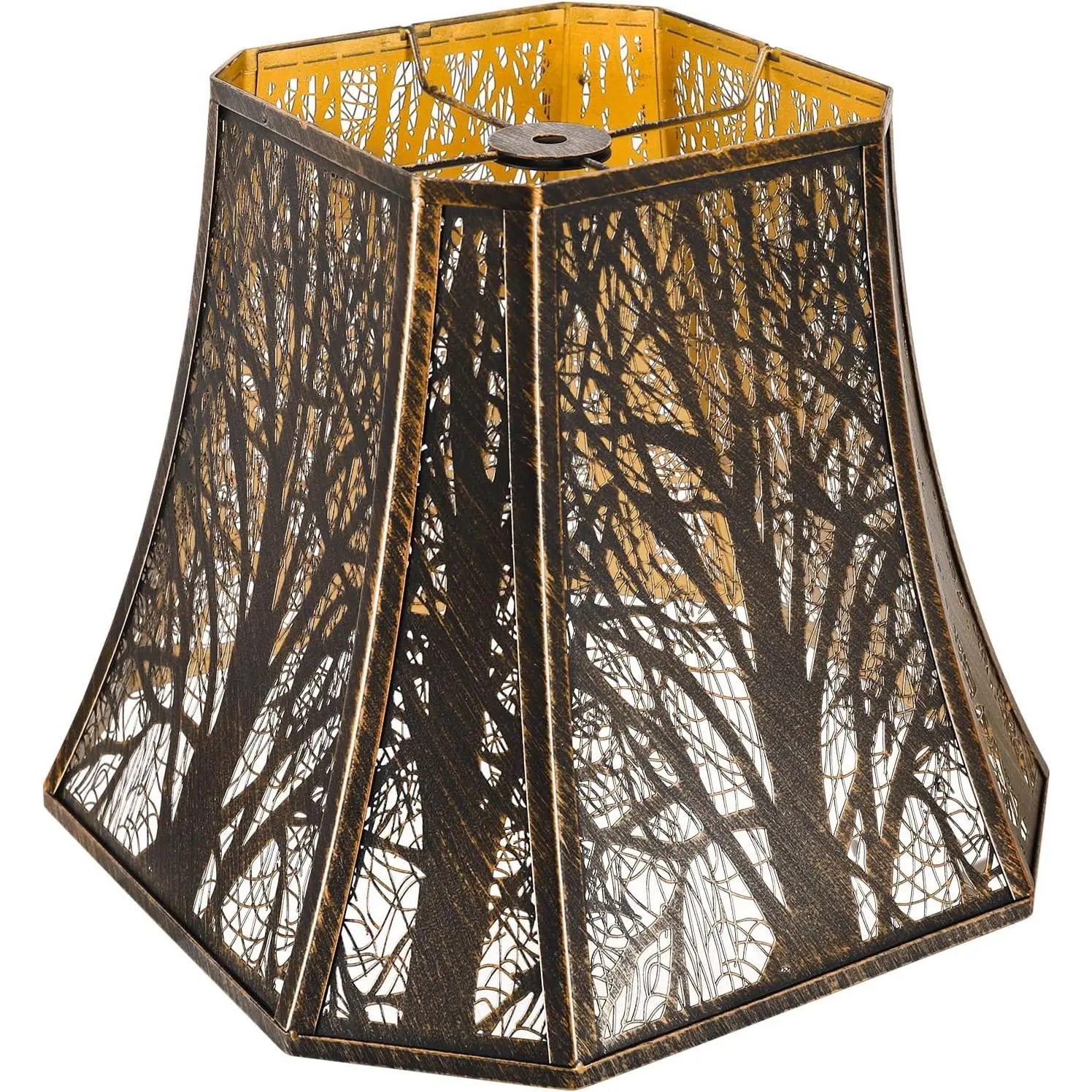 Square Cut Corner Metal Lamp Shades, 7" Top x 12" Bottom x 10.5" High | Medium  Lampshade (Spider Fitter), Etched Forest Lampshades for Table Lamps and Floor Lamps, Bronze  Tree
