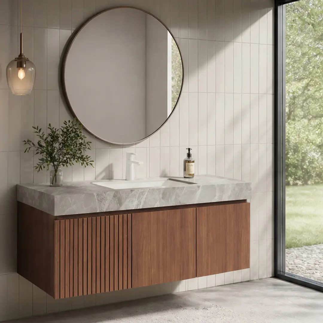 ARCH 48 Inch Floating Bathroom Vanity with Sintered Stone Top and Ceramic Sink, Plywood Storage Cabinet with Drawer and Doors, Light Gray and Brown Oak Woodgrain, Pre-Assembled Modern Wall Mount Bathroom Sink Cabinet for Bathroom Organization