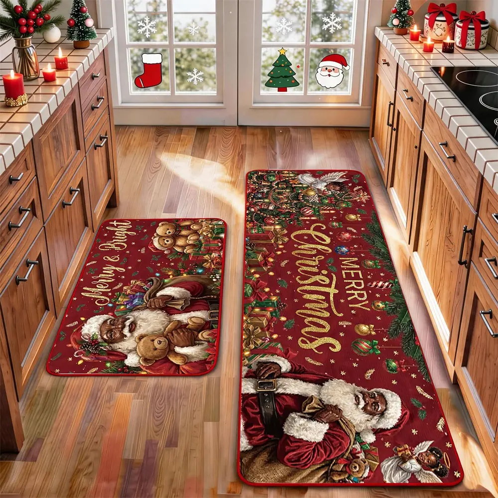2 Pcs Christmas Kitchen Rug Mat The Nutcrackers Gingerbread Tree Santa Clause Snowflake Red Black Floor Mat Set Farmhouse Kitchen Rug Non Slip Restaurant Floor Dining Room Laundry Room Decor Carpet Mat Winter Decor Home Decor Rug