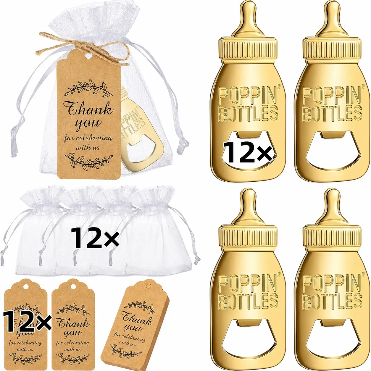 48 Pieces/12 Sets Baby Party Gifts, Bottle Shape Opener, Unisex Baby Shower Favor, Gender Reveal, Birthday, Mooncake Party Decor & Souvenir