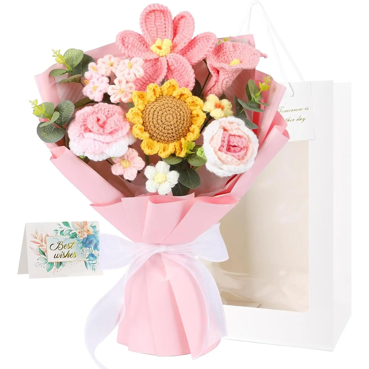Crocheted Bouquet, Knitted Flowers,Tulips, Sunflowers Roses Flowers Suitable for Valentine's Day Teacher's Day Anniversary Birthday Parties Mother's Day Graduation Gifts (Pink)