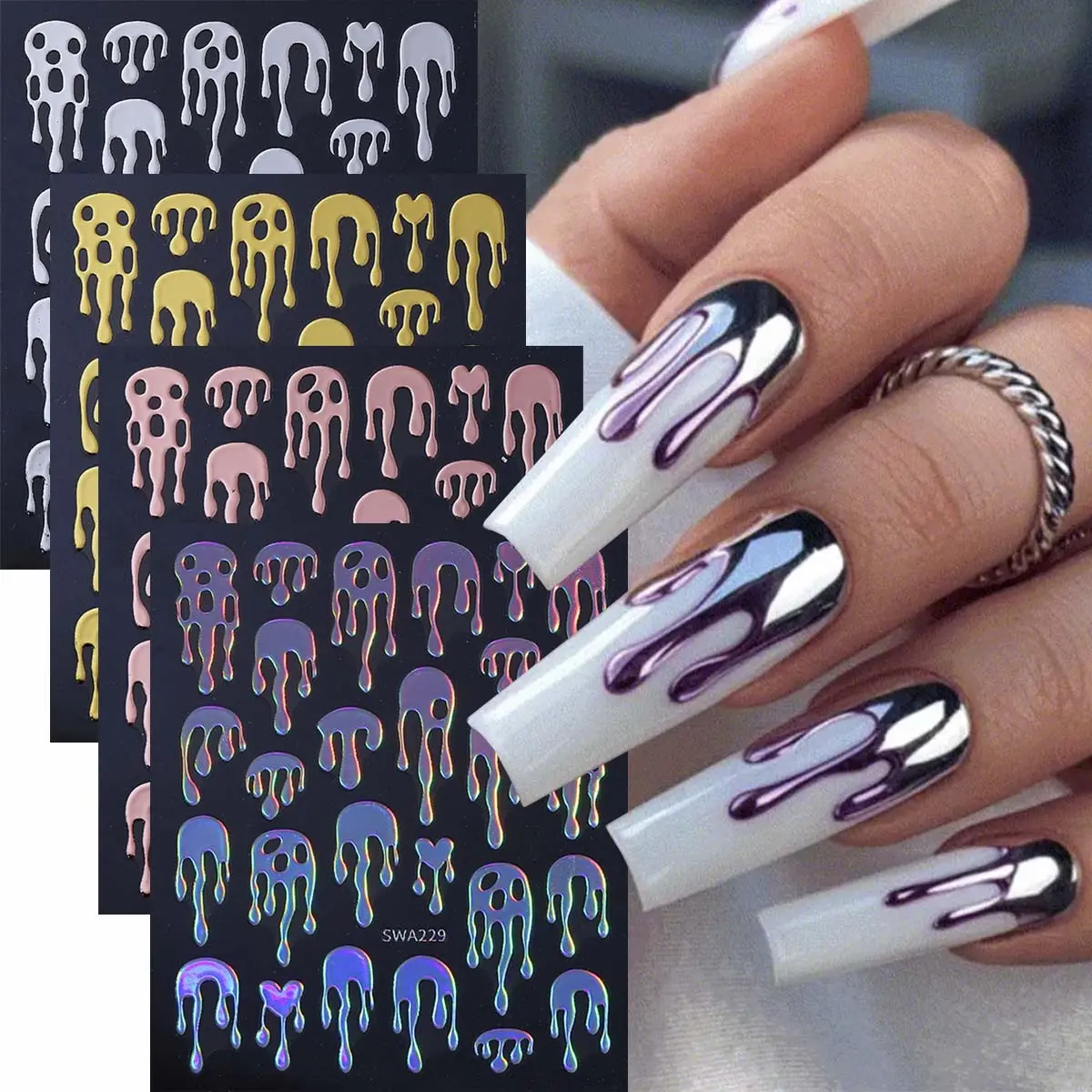 4pcs Halloween Metallic Nail Art Stickers, Laser Drip Ghost DIY Nail Decals, Perfect for Women Manicure Decoration