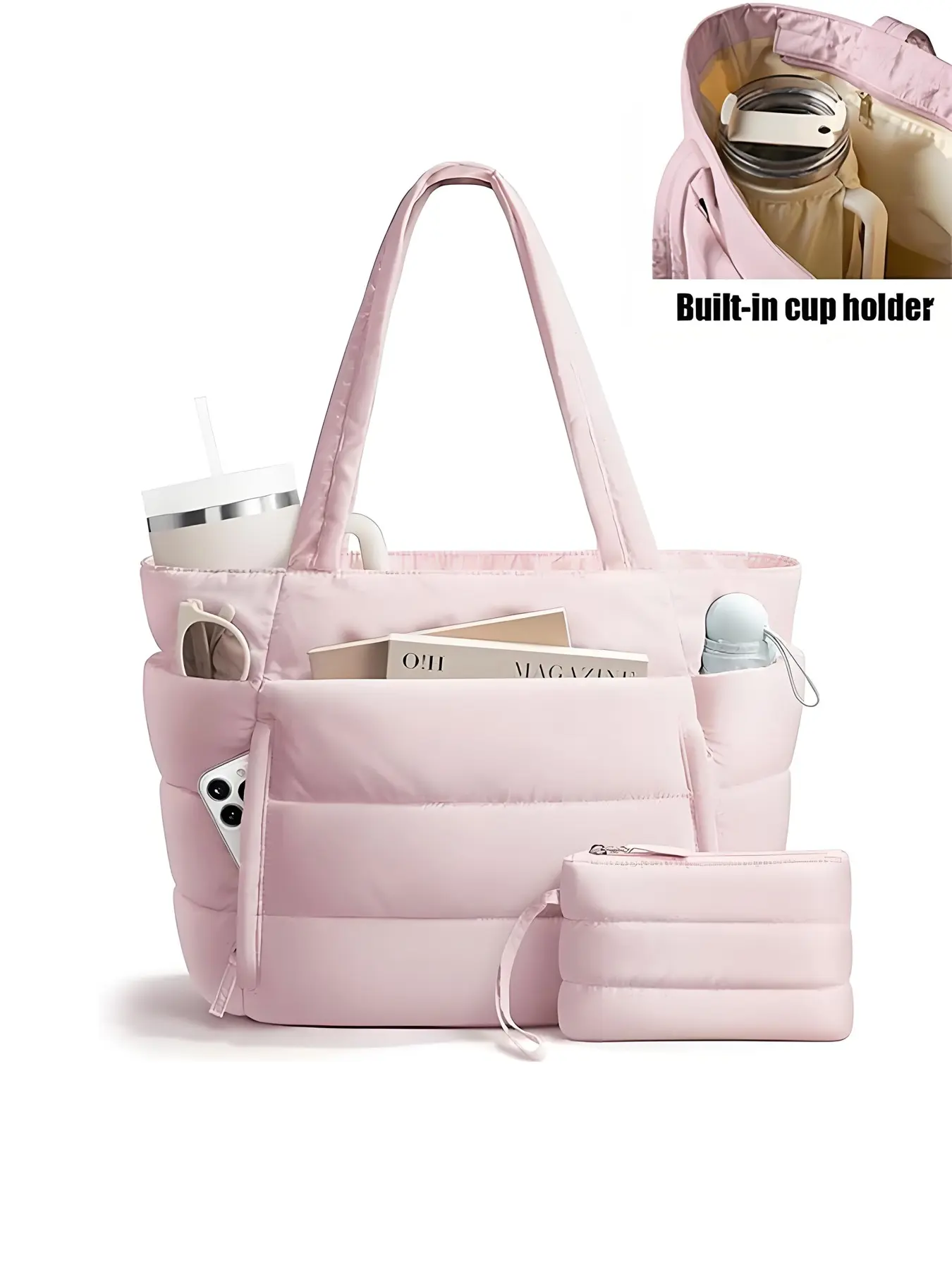 20L Women's Fluffy Quilted Handbag, Lightweight Nylon Laptop Bag, Multi-Compartment Travel Work Bag, Cup Holder and Makeup Case, Ideal for Work, Travel, University Commute
