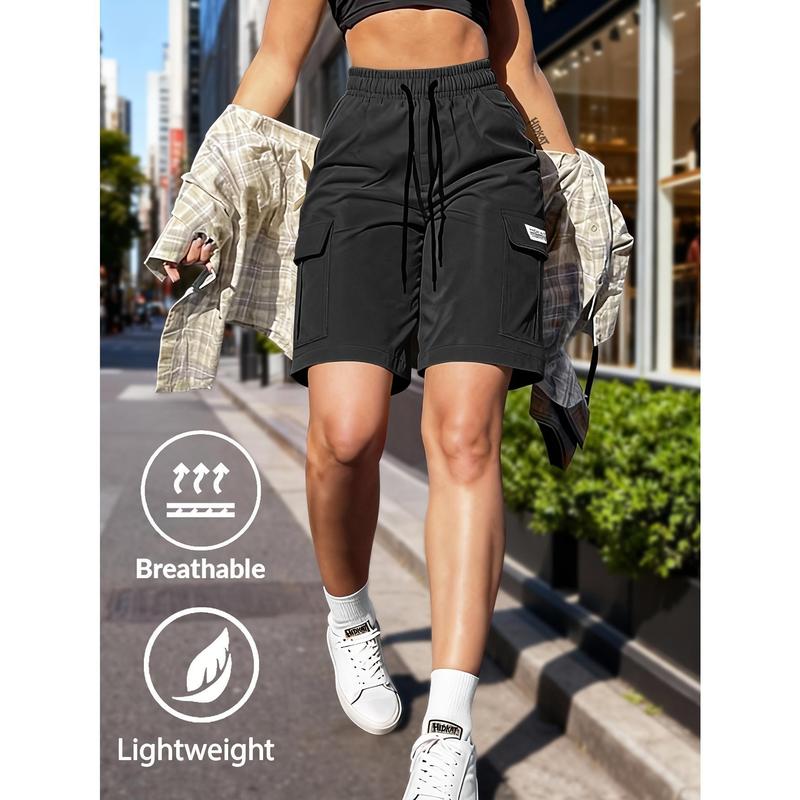 Women's Quick-dry and Breathable Cargo Shorts with Drawstring Waist and Pockets. Designed with A Simple Solid Color and Large Patch Pockets, Ideal for Outdoor Leisure, Sports, and Everyday Fashion Wear.