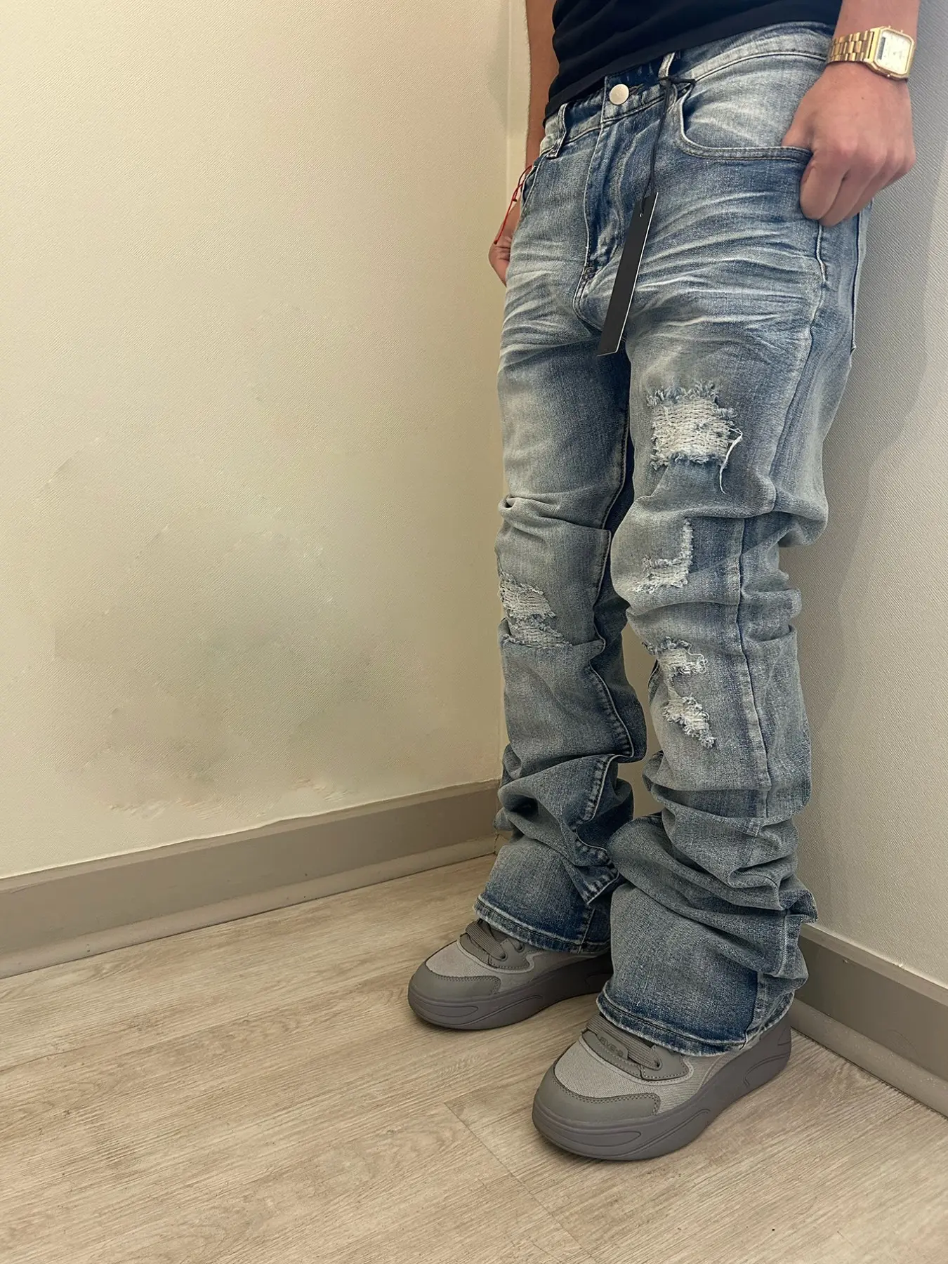 Men's Micro Flare Jeans, Loose-Fitting Button Fly Denim, Solid Color Y2K Style, All-Season Wear, Washed Fabric, Patchwork Design