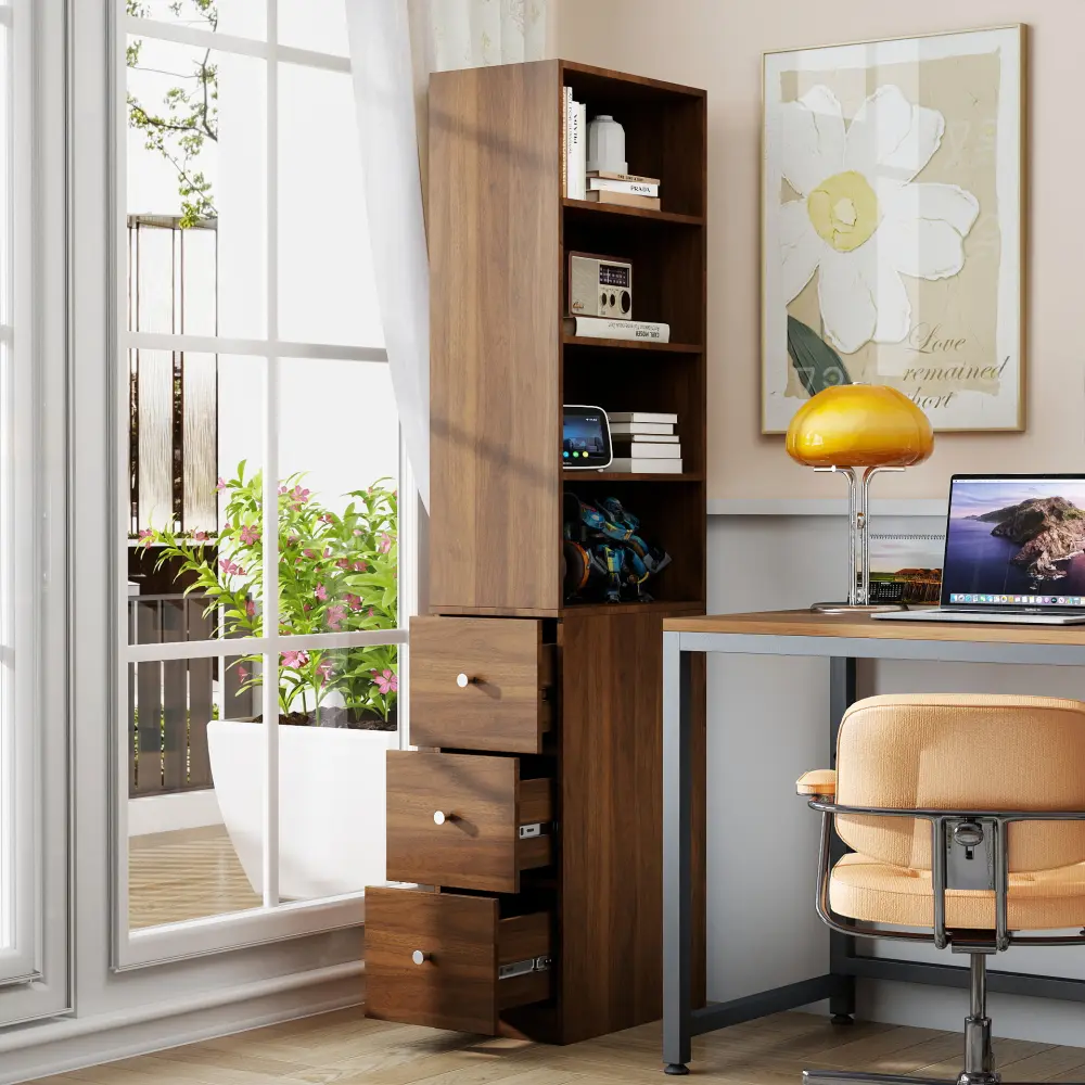 Littleox 70.87" H Display Storage  Cabinet , 4-Tier Shelf, 3 Side Drawers , Modern Wooden Tall Bookshelf Bookcase for Living Room Home Office