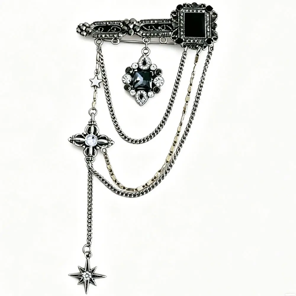 Retro Silver Gothic Brooch Adorned Black Rhinestones Chain Pendants Pins