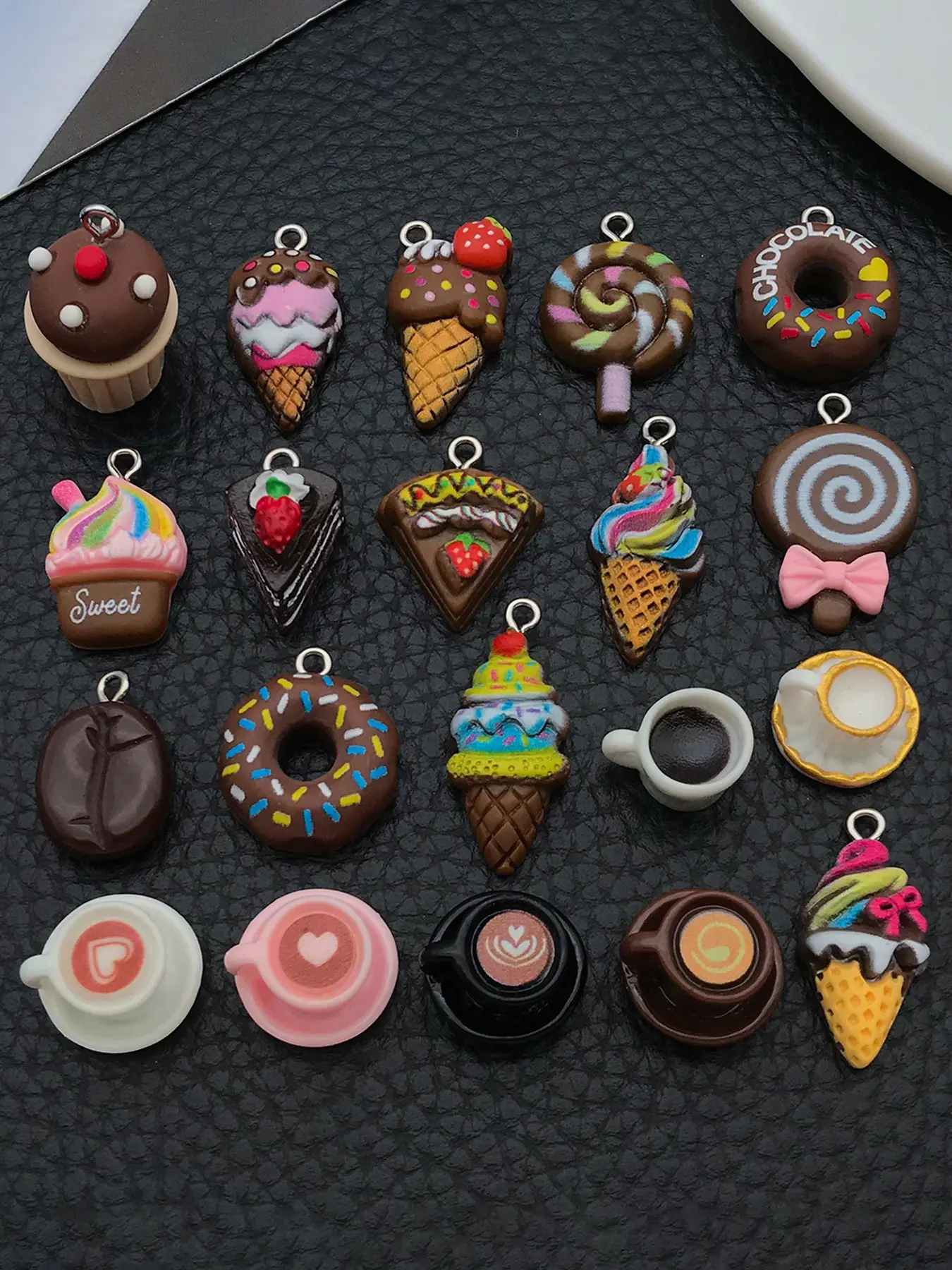 20pcs Mini Sweet Dessert Resin Charms, Chocolate Donut Ice Cream Coffee Cup Cake Lollipop Pendants For DIY Jewelry Making Supplies