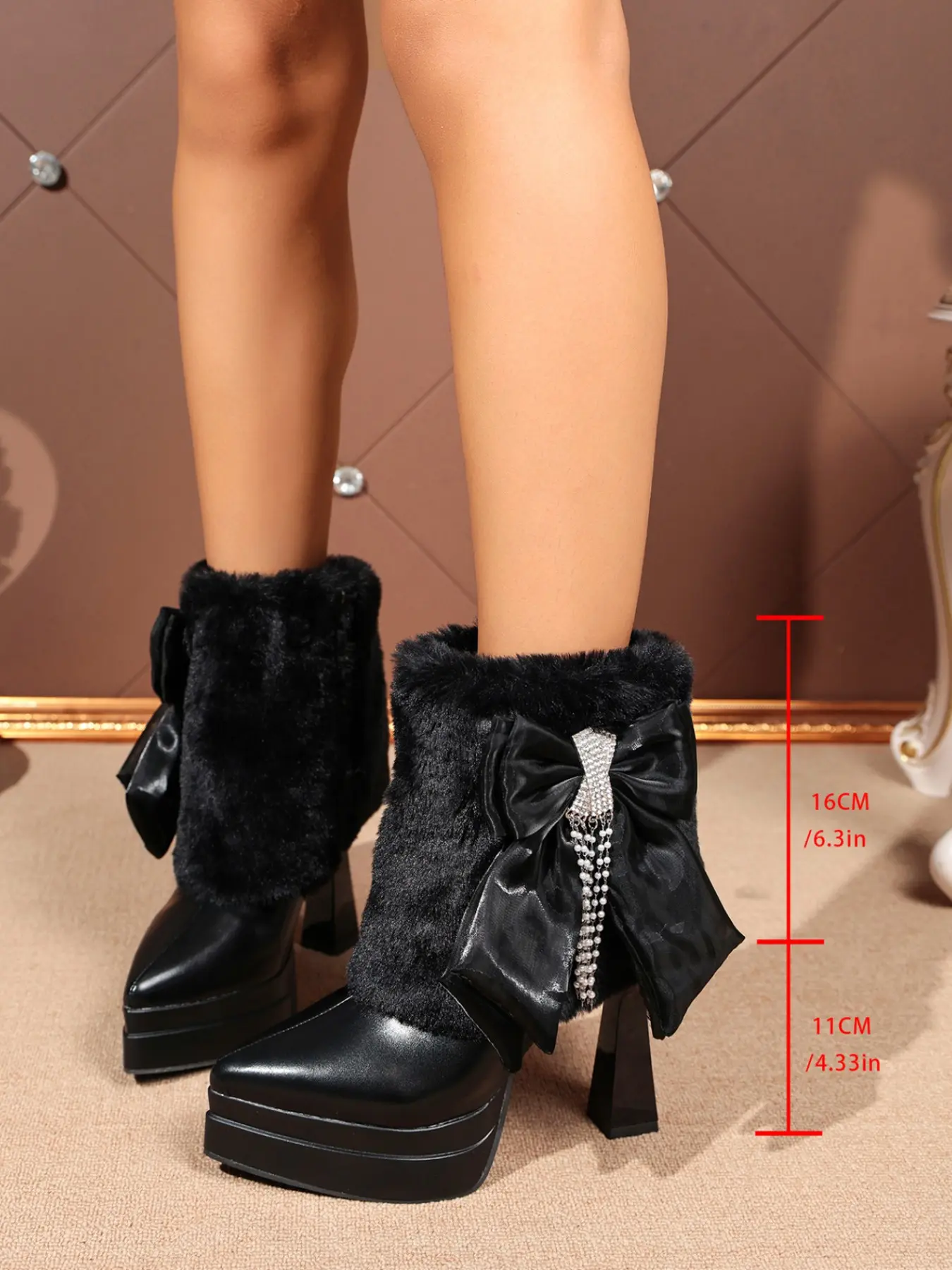 Women's Plush Trim Waterproof Chunky Heel Short Boots, Sweet Cool Style Rhinestone Bow Decor, Perfect for Winter Dates, Christmas Parties, Night