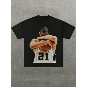 Tim Duncan "The Big Fundamental" Spurs #21 Graphic Tee, Vintage Basketball Player Portrait Print, Black Streetwear T-Shirt