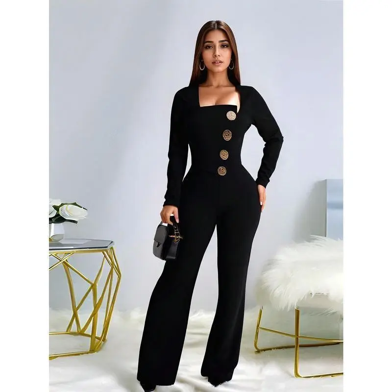 Fashion Elegant Solid Color Women's Long Sleeve Pants Jumpsuit Birthday Graduation Party Formal Evenning Festival Outfits Trouser Basic