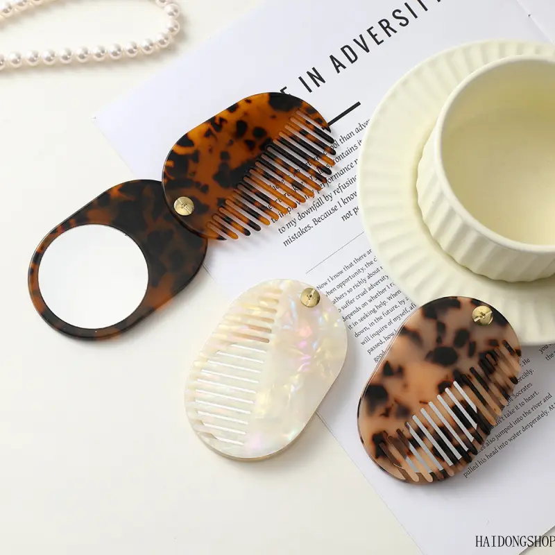 Quiet Luxury Viral Korean Leopard Print Acetate 2 in 1 Mirror Comb For Women, Portable Anti-Static Multi-Functional Hair Brush, Minimal Travel Beauty Accessory For Shopping Office Daily Makeup Styling