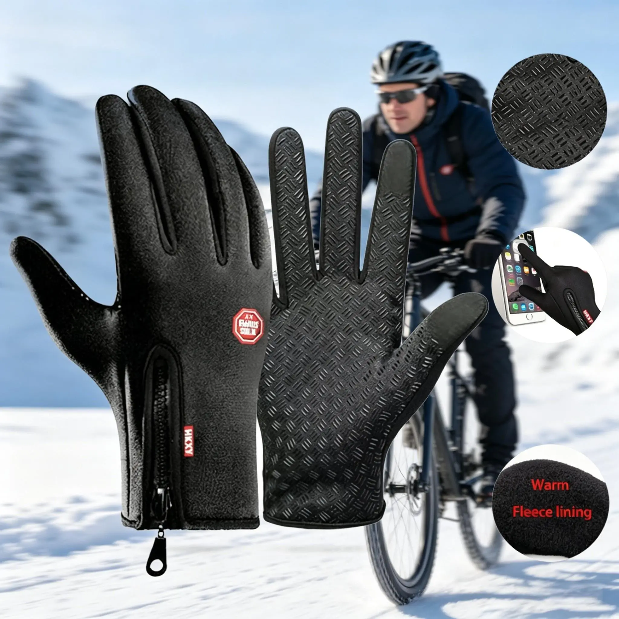 Outdoor Cycling Gloves, Warm Sports Gloves, Fleece Lining, Waterproof Windproof Touchscreen, Suitable for Hiking, Fishing, Camping, Outdoor Work, Unisex