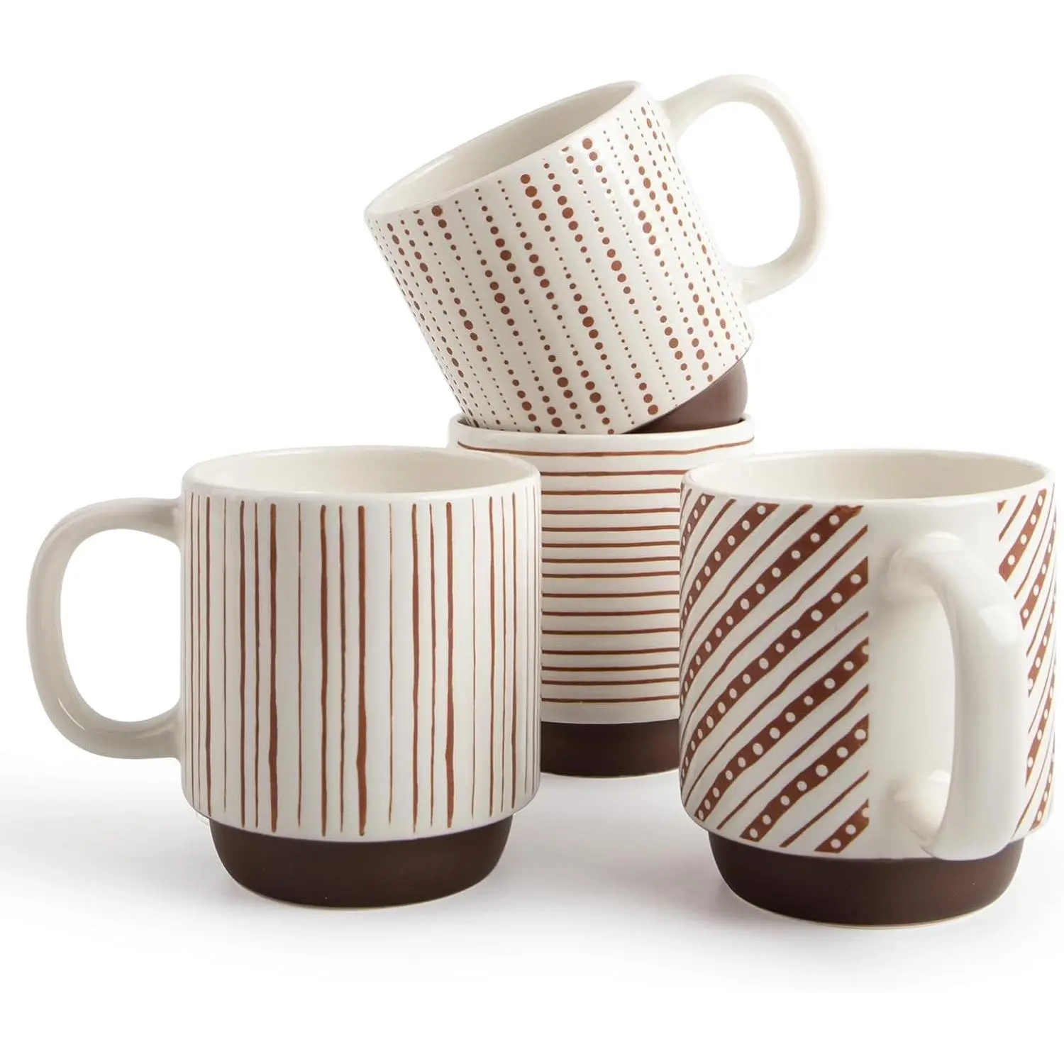 Stackable Coffee Mugs, 12 oz Ceramic Coffee Mug Set of 4, Coffee Cups with -Colored Geometric Patterns for Latte, Cappuccino, Cocoa, Dishwasher & Microwave Safe,