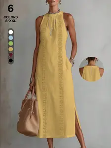 Sleeveless Cotton-Linen Maxi Dress, Halter Neck, Panel Detailing, Side Slits, Hidden Pockets, Vacation-Style, 6 Colors, Sizes S-Xxl