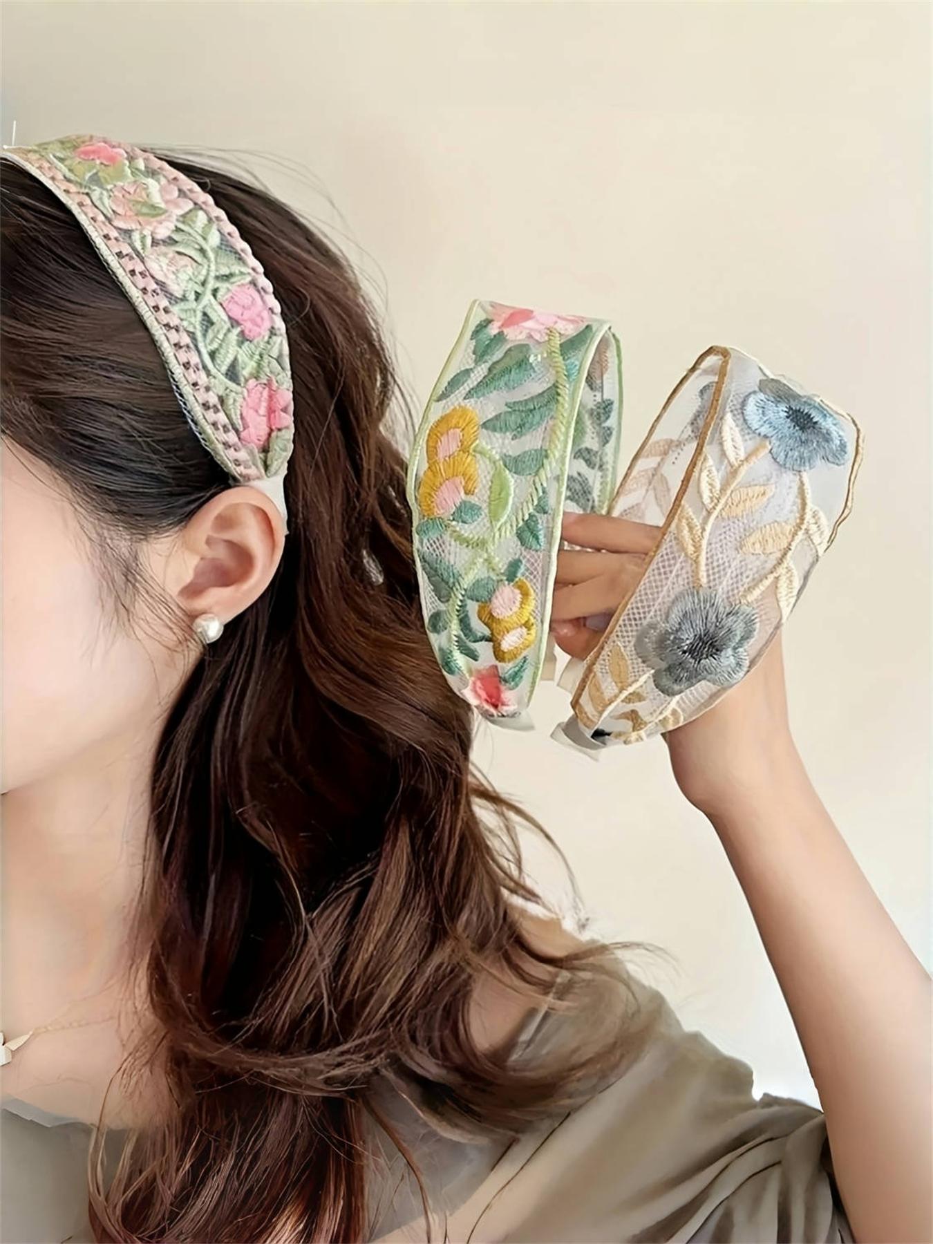 Elegant 3-Piece Floral Embroidered Wide Headband Set  display picture 2