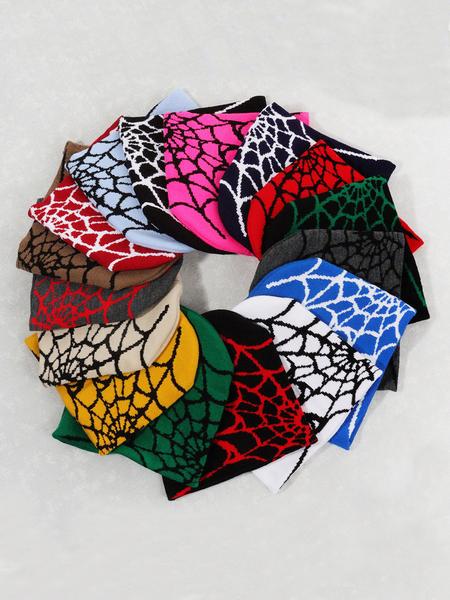 Unisex Spider Web Y2K Knit Beanie, Casual Fitted Hat for Fall & Winter, Trendy Jacquard Outdoor Cycling Cap, No Brim Design